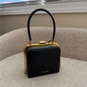 Ted Baker Khloe Frame Clutch Black Leather Gold Chain Mini Evening Bag Crossbody